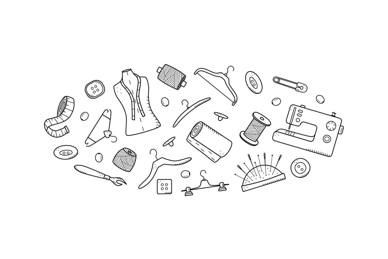 strumenti per il cucito e il ricamo. set di icone doodle sartoria, illustrazione vettoriale aghi per filo manichino per macchina da cucire bottoni per ganci