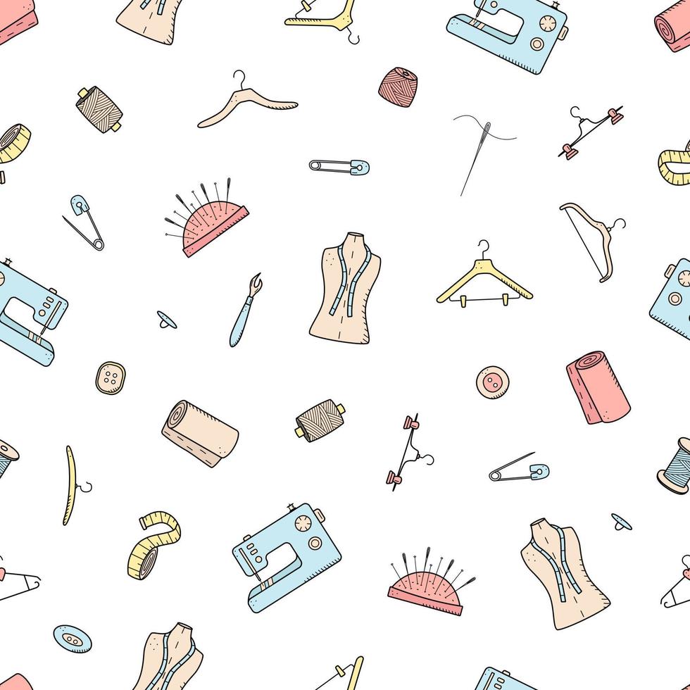 strumenti senza cuciture per cucito e ricamo. set di icone doodle sartoria, illustrazione vettoriale