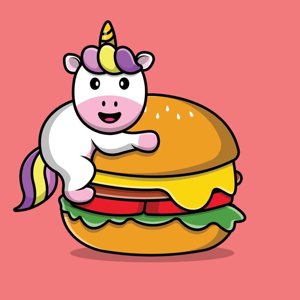 unicorno carino con illustrazione dell'icona di vettore del fumetto dell'hamburger. concetto di icona di cibo per animali isolato vettore premium.