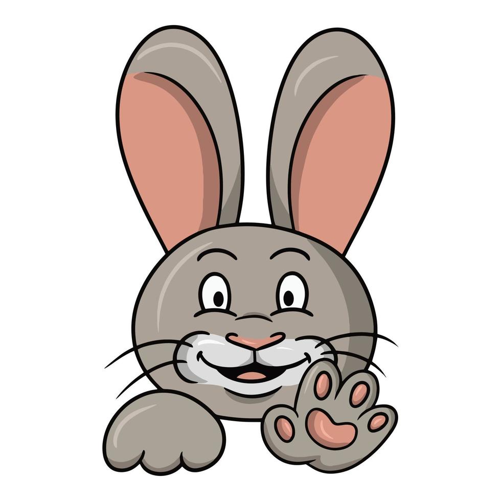 simpatico coniglio carino sorride e agita la zampa, illustrazione vettoriale in stile cartone animato su sfondo bianco