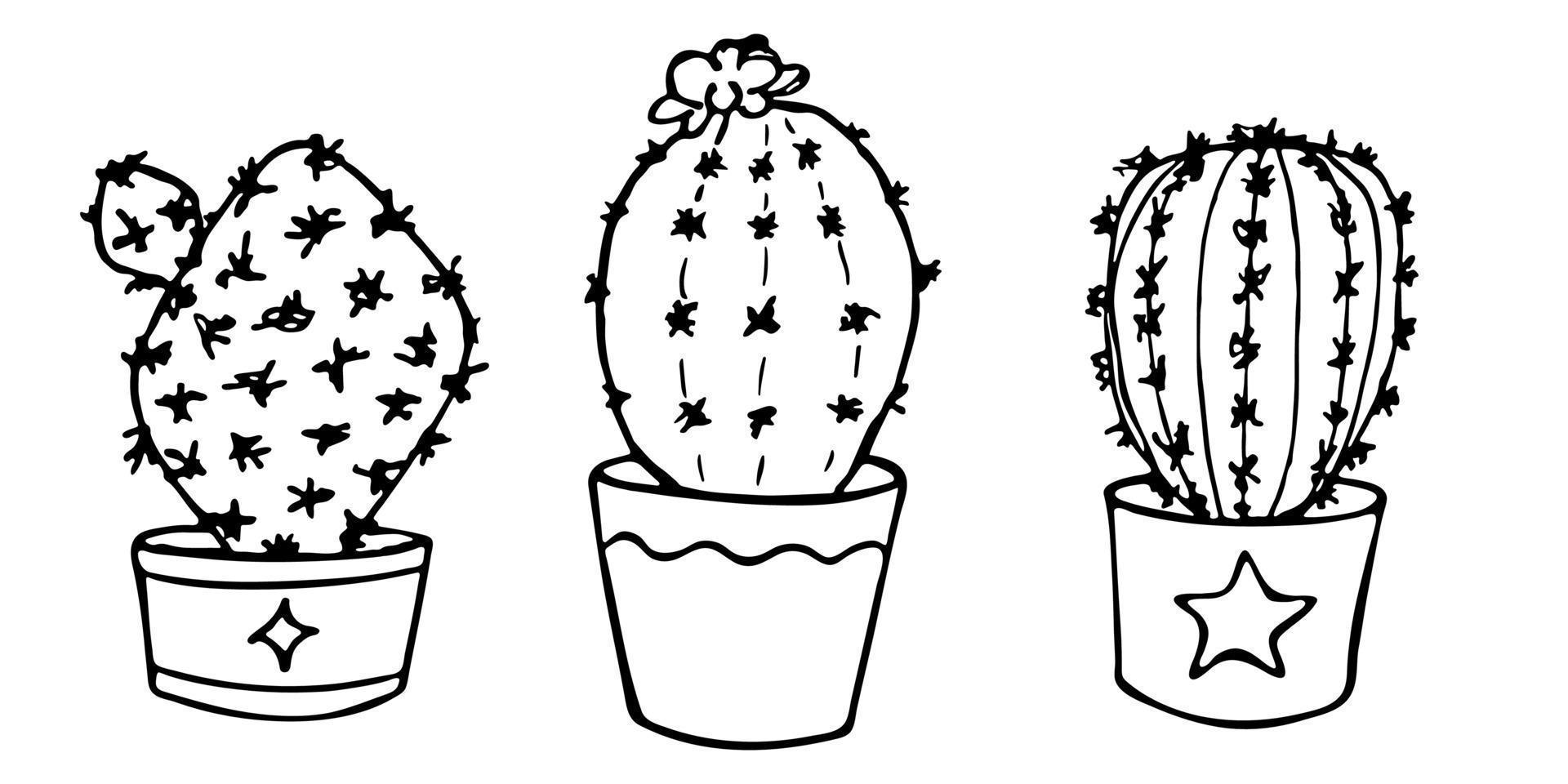 set di cactus semplici disegnati a mano carino. clipart di pianta d'appartamento in una pentola. illustrazione di cactus. scarabocchio casa accogliente. vettore