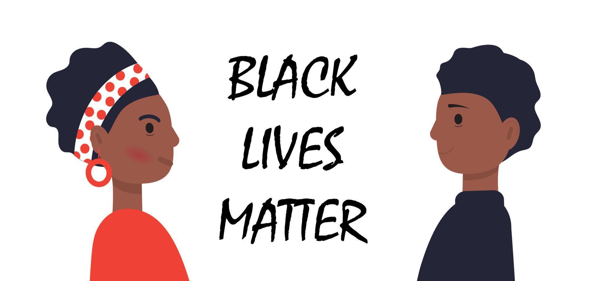 vettore di concetto di materia vite nera in stile cartone animato. gli afroamericani sono in piedi uno per uno. tolleranza ad altra pelle. fermare l'illustrazione del razzismo. marcia di protesta per i diritti dei cittadini neri.