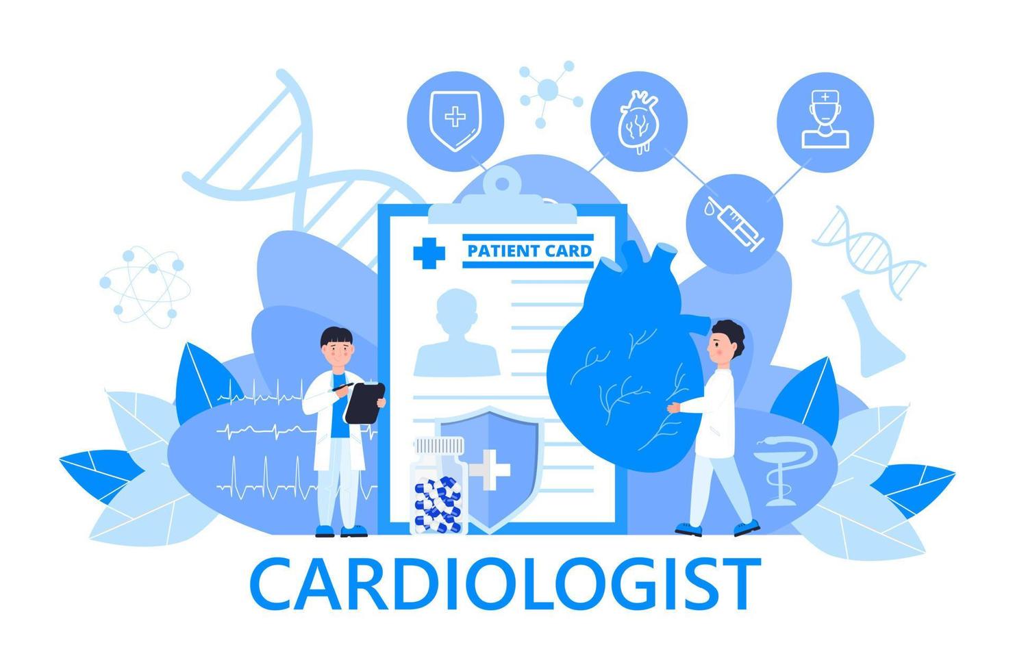 vettore di concetto cardiologo per intestazione web. illustrazione della malattia di ipotensione e ipertensione per app di cardiologia, web. sintomi e prevenzione della pressione sanguigna. i piccoli dottori curano il cuore.