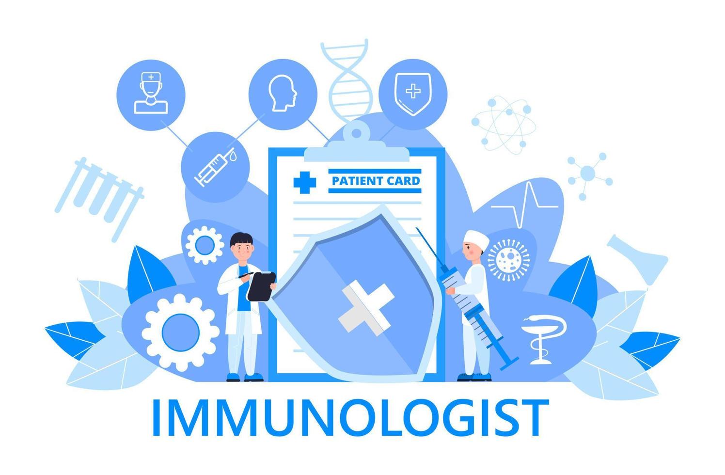 vettore di concetto di immunologo per app medica, web, banner. tempo di vaccinare. morbillo, influenza, illustrazione del vaccino contro il virus corona. piccolo dottore in immunologia che prende la siringa.