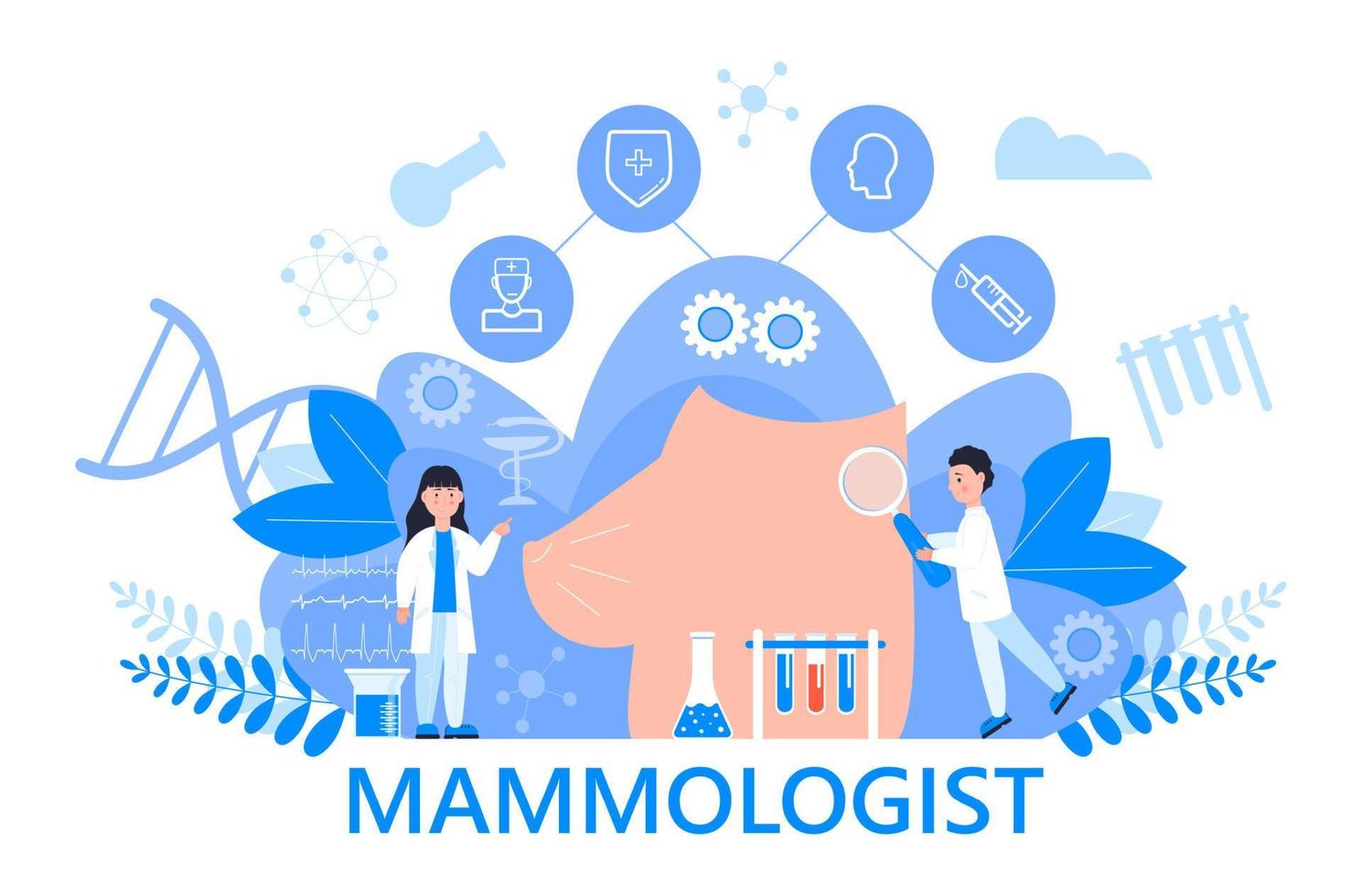 vettore di concetto di mammologo per web medico, app, blog. piccoli dottori di mammologia curano il cancro al seno. mese nazionale di sensibilizzazione sul cancro al seno