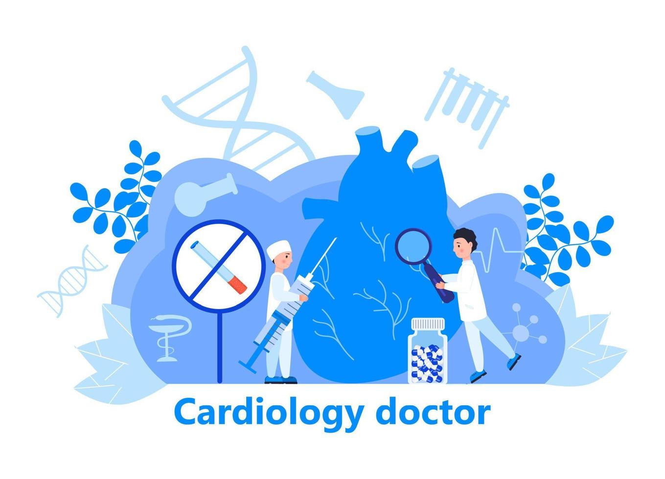 vettore di concetto cardiologo per intestazione web. illustrazione della malattia di ipotensione e ipertensione per app di cardiologia, web. sintomi e prevenzione della pressione sanguigna. i piccoli dottori curano il cuore.
