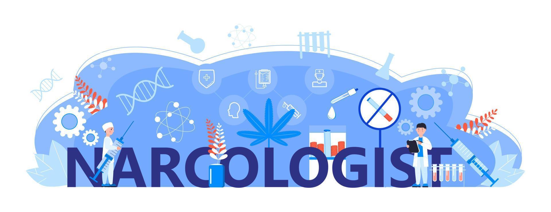 vettore di concetto di narcologo per la pagina di destinazione. piccoli dottori curano l'essere umano contro la droga, la dipendenza dal tabacco. illustrazione di narcologia per il web di intestazione. gli psichiatri aiutano il paziente, danno consigli sulla salute mentale.