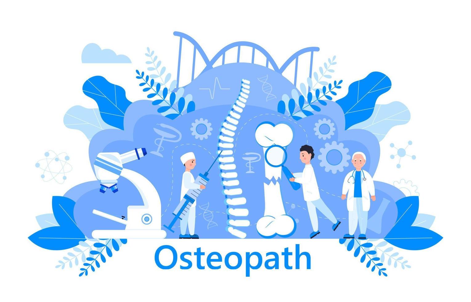 concetto di vettore di osteopata. giornata mondiale dell'osteoporosi,. i piccoli medici ricercano l'osteoartrosi anatomiche delle ossa umane. sono mostrati dolori articolari, fragilità della parte inferiore della gamba. è per la pagina di destinazione, app