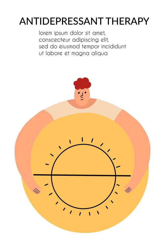 il concetto di terapia antidepressiva per la depressione. il personaggio tiene in mano una pillola a forma di sole. illustrazione vettoriale in stile piatto