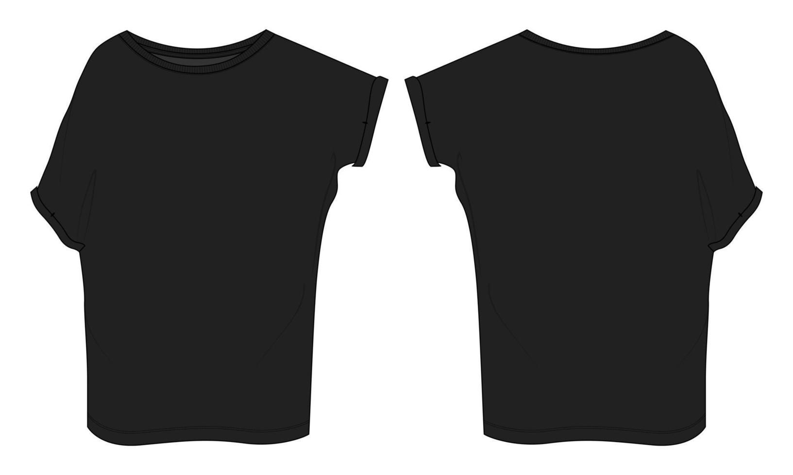 top da donna oversize t-shirt tecnica moda appartamenti schizzo illustrazione vettoriale modello colore nero viste anteriore e posteriore. design di abbigliamento mock up donna unisex cad.