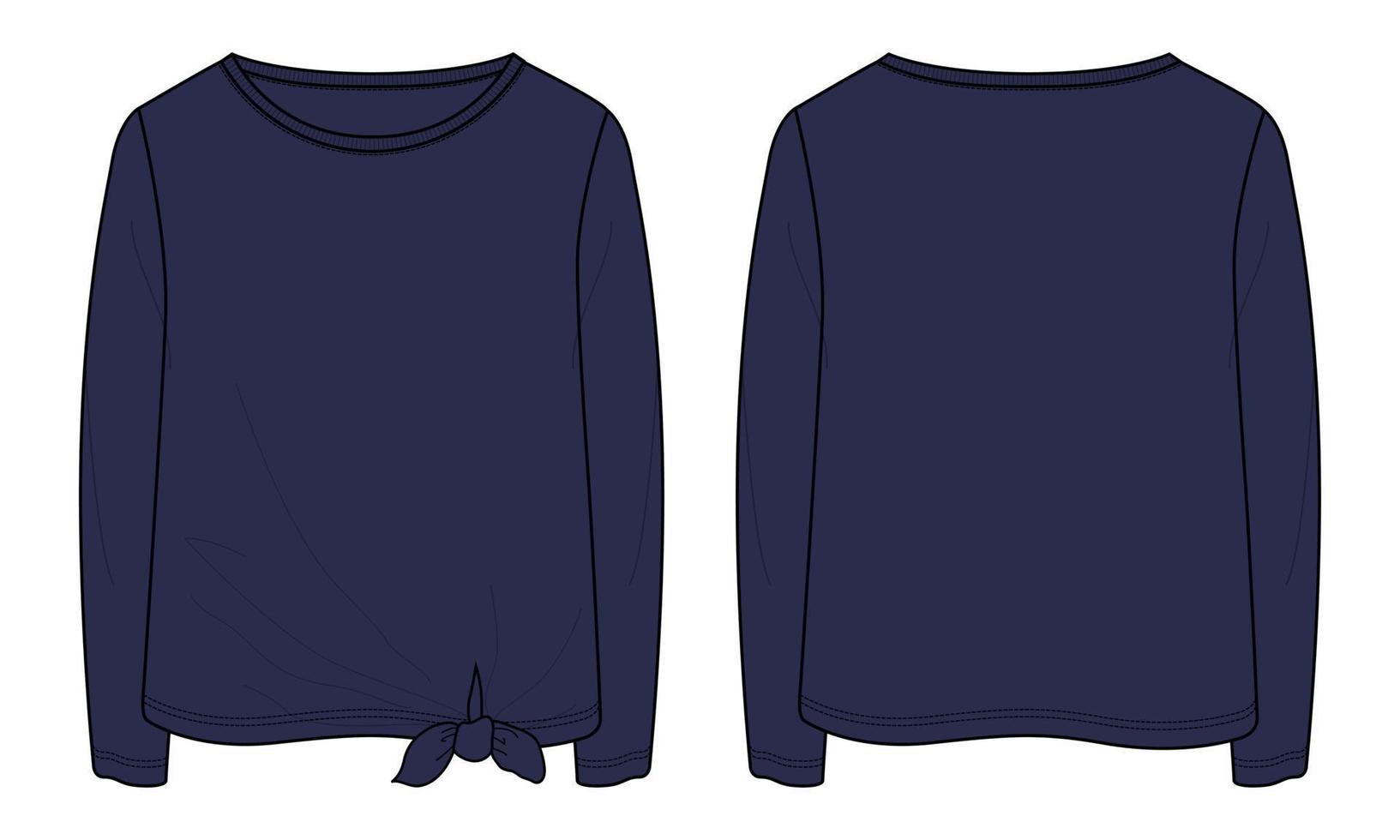 maglietta a maniche lunghe top tecnico moda disegno piatto illustrazione vettoriale modello di colore blu scuro per donne e bambine
