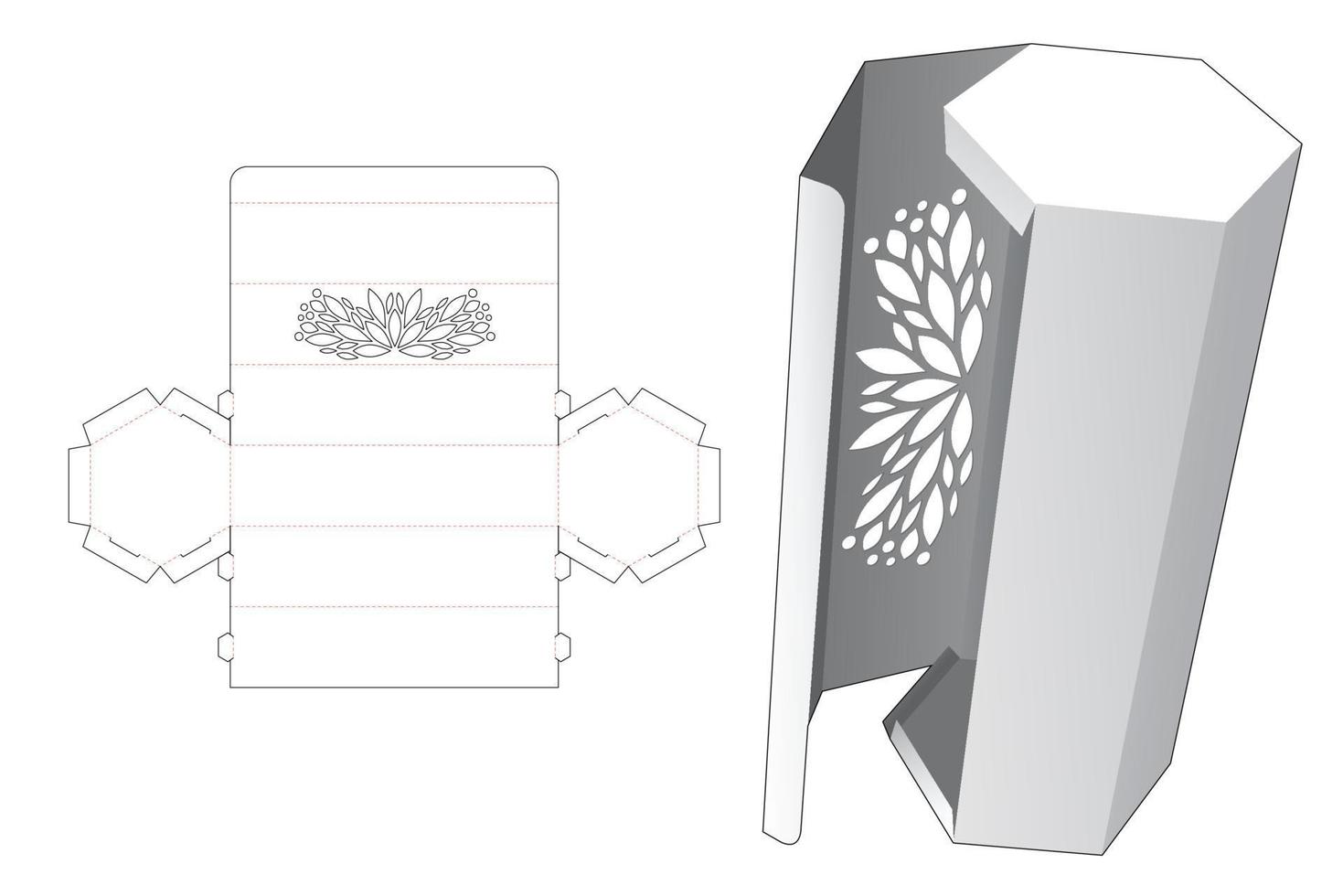 confezione stampata esagonale alta con modello fustellato a capovolgimento laterale e mockup 3d vettore