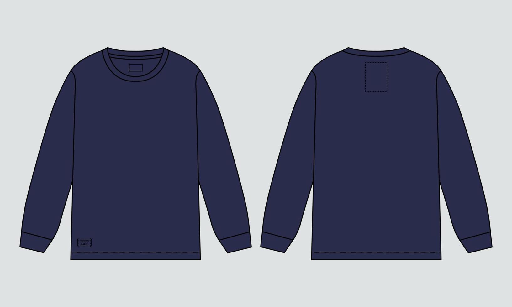 t-shirt a maniche lunghe tecnica moda schizzo piatto illustrazione vettoriale colore navy modello mock up per uomini e ragazzi.