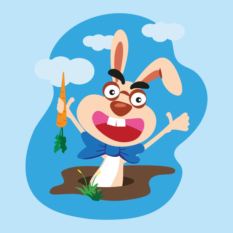 personaggio di coniglio che tiene una carota con un'espressione di sorriso fuori dalla buca vettore