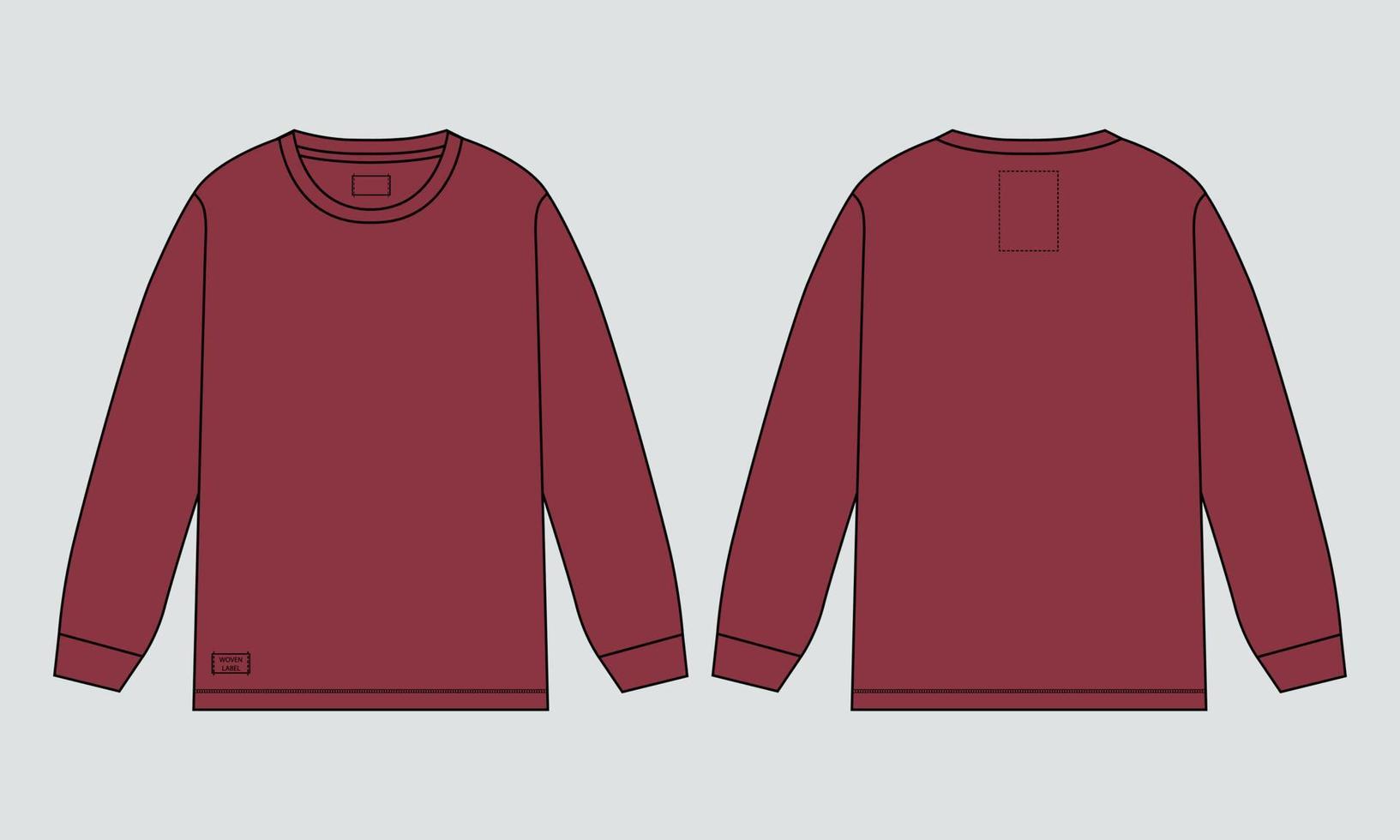 t-shirt a maniche lunghe tecnica moda schizzo piatto illustrazione vettoriale modello di colore rosso per uomini e ragazzi