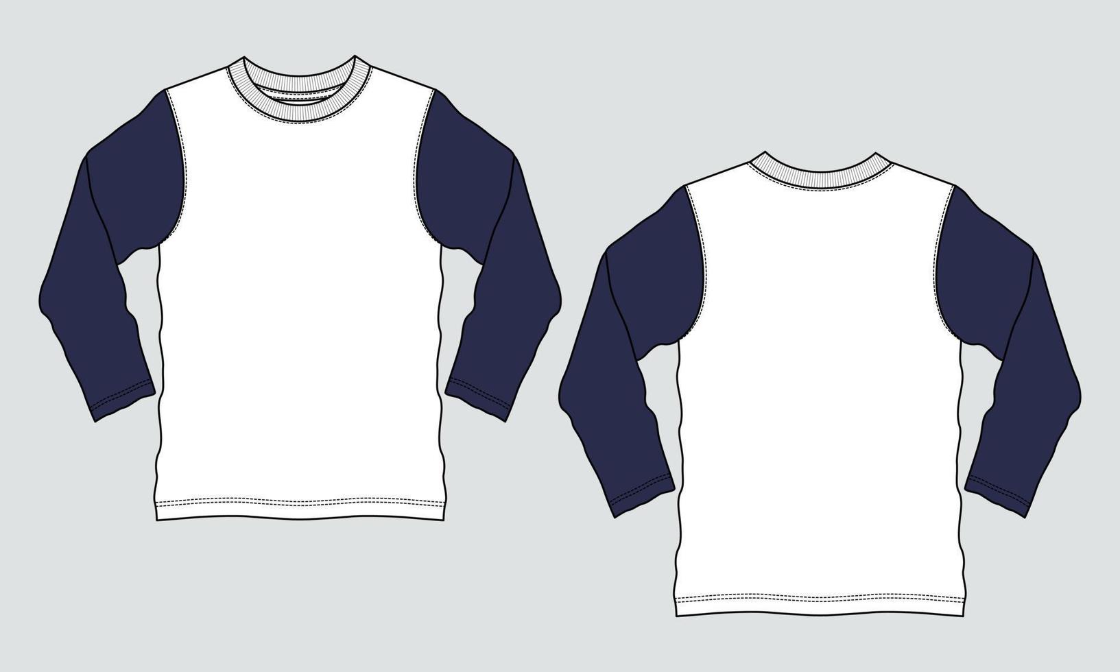 modello di vettore di schizzo piatto di moda tecnica della maglietta a maniche lunghe di colore bianco e blu a due toni
