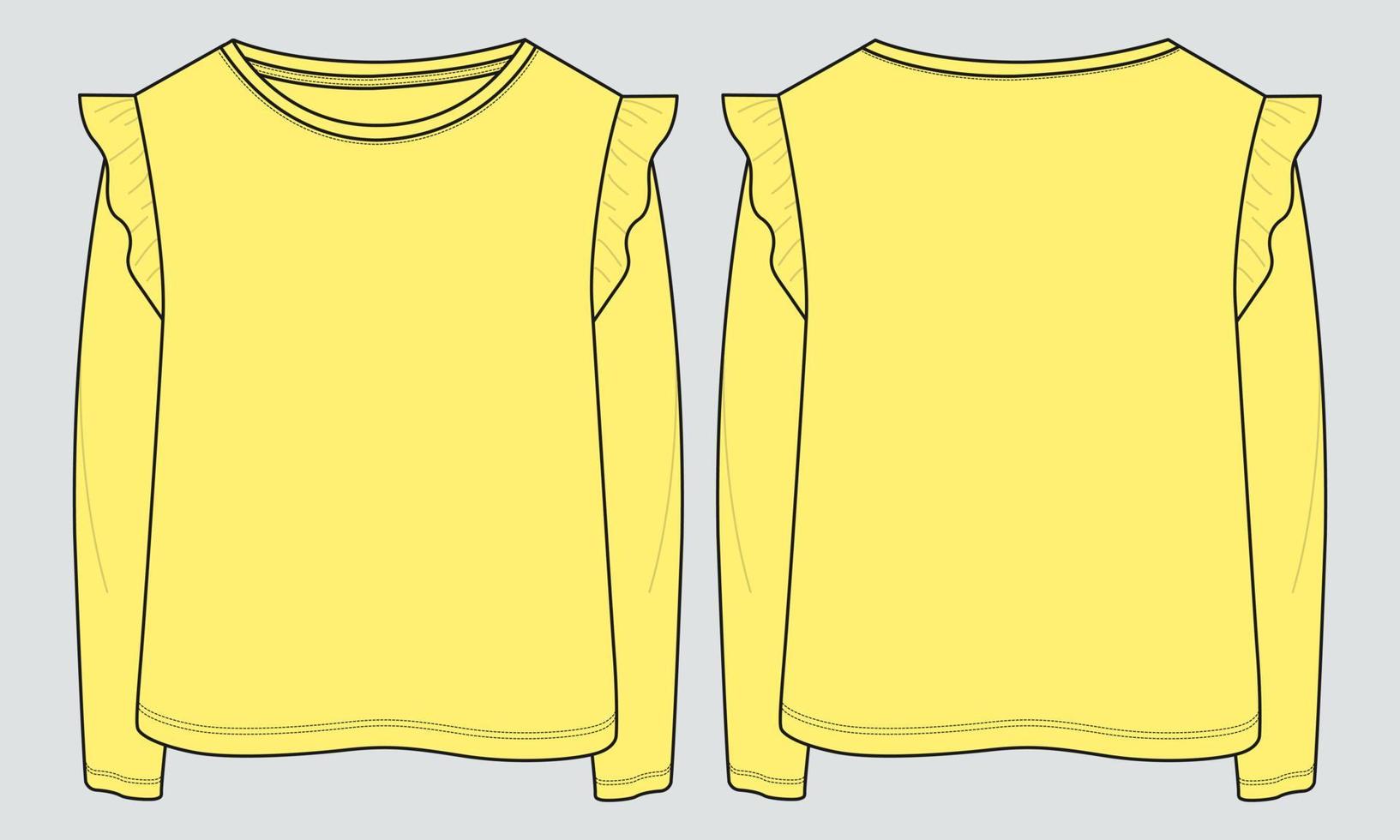 maglietta a maniche lunghe top tecnico moda disegno piatto illustrazione vettoriale modello di colore giallo per bambine