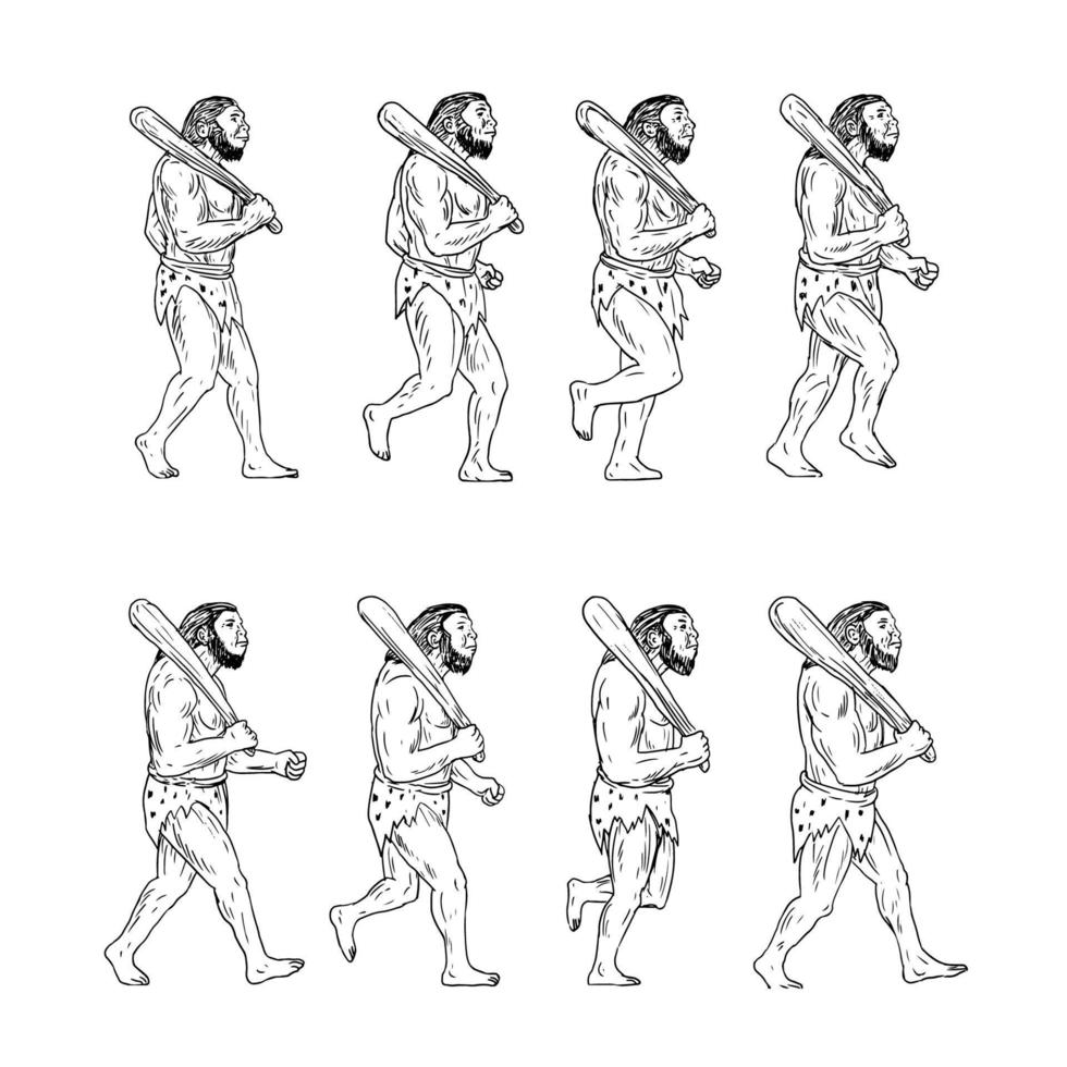 uomo di Neanderthal uomo delle caverne che tiene il set di raccolta a piedi del club vettore