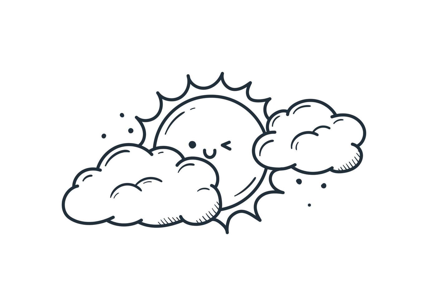simpatiche nuvole kawaii con sole. scarabocchio in stile cartone animato vettore