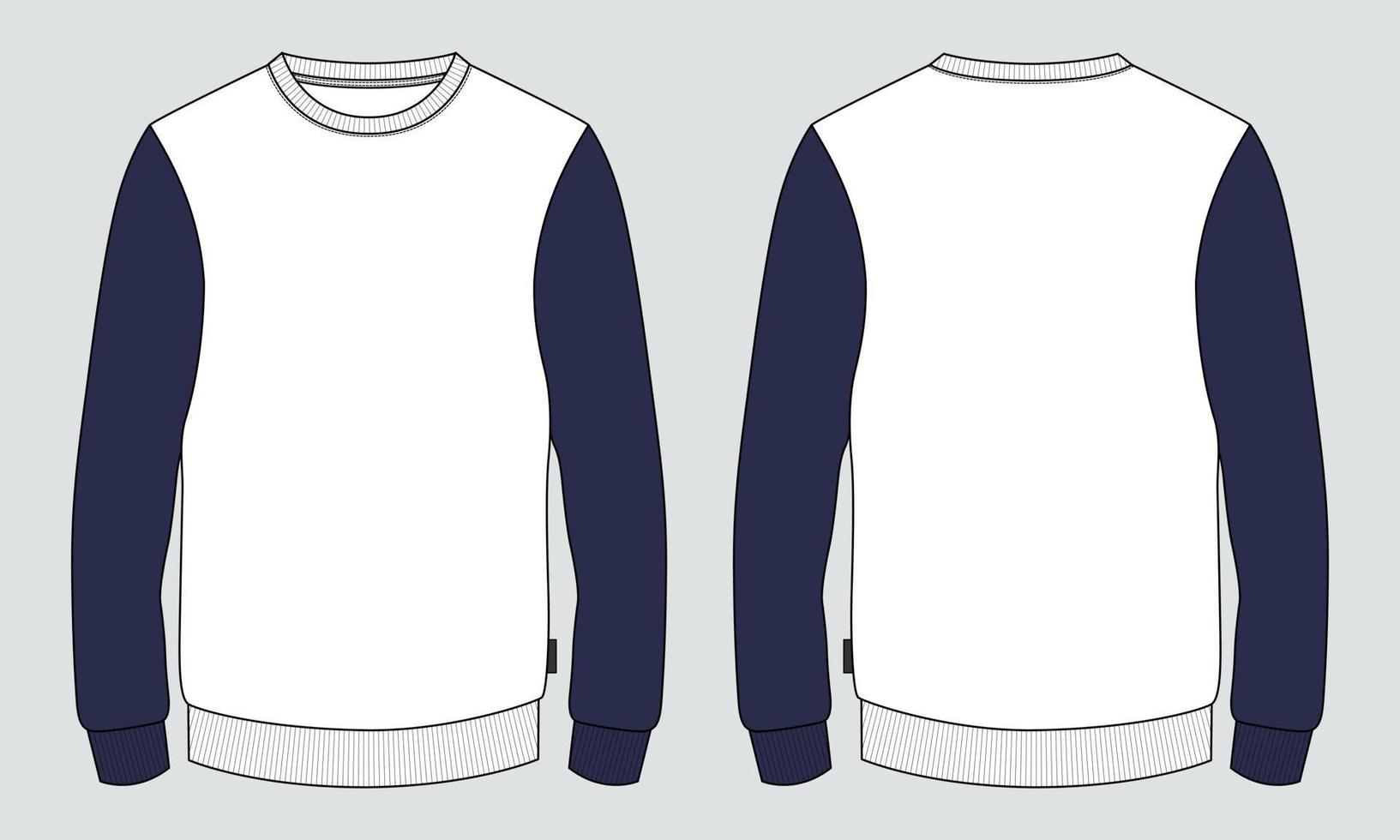 felpa a maniche lunghe colore blu navy e bianco bicolore, moda tecnica, disegno a schizzo piatto, modello di illustrazione vettoriale per uomo. mockup di design di abbigliamento