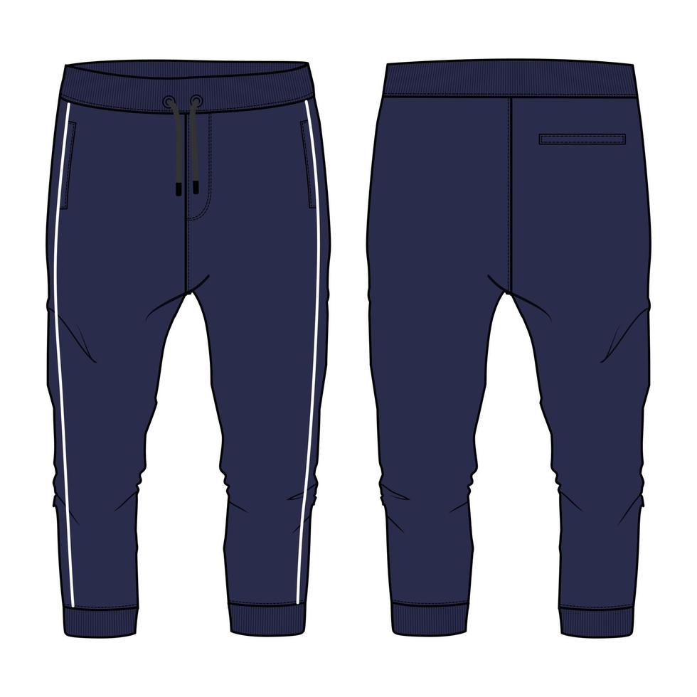 pantaloni della tuta tecnica moda schizzo piatto illustrazione vettoriale modello colore navy viste anteriori e posteriori