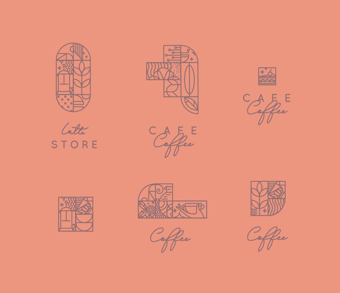 set di simboli creativi del caffè art deco moderno in stile linea piatta che disegnano su sfondo corallo. vettore