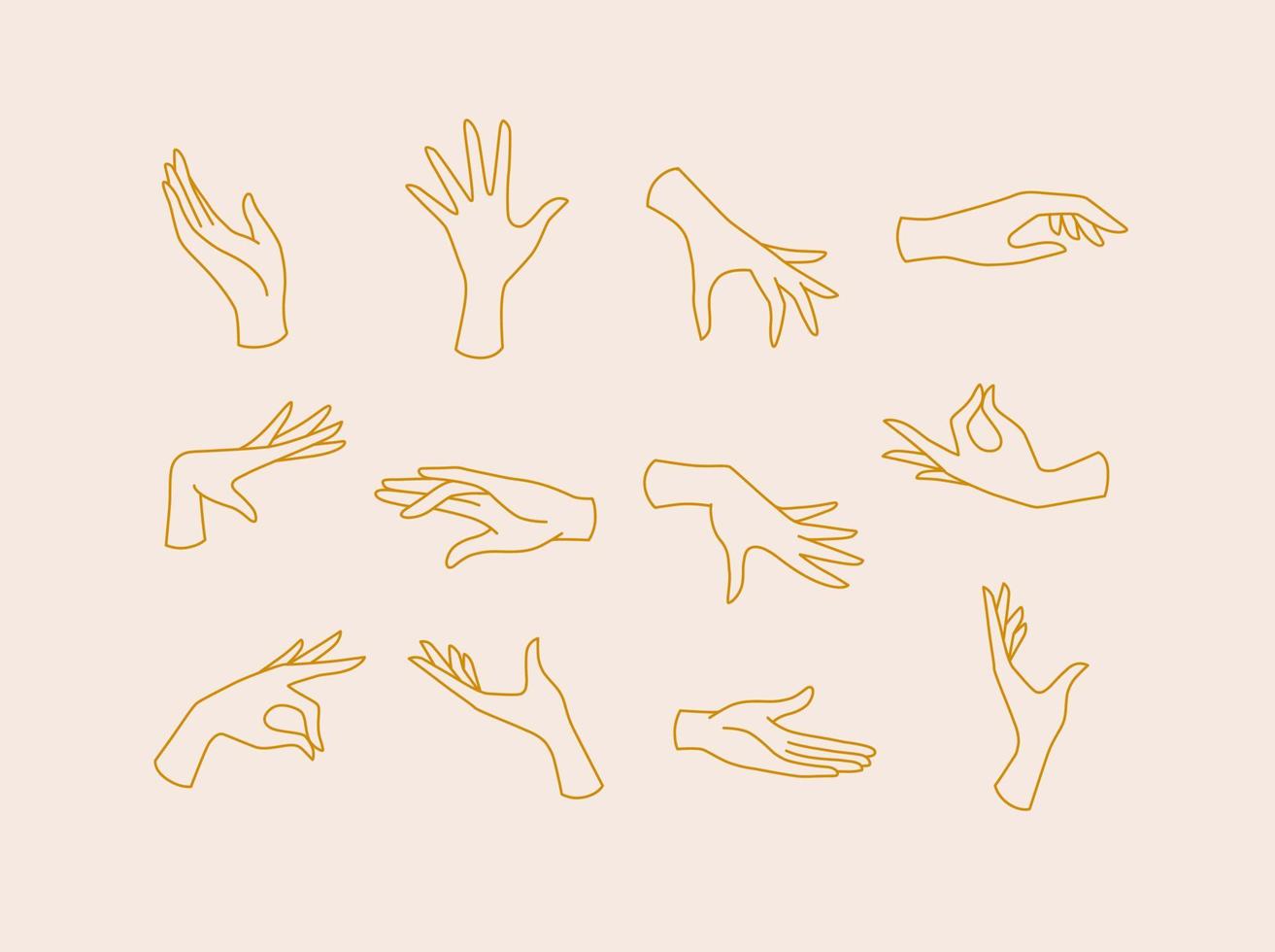 icone delle mani che disegnano in stile piatto con linee marroni su sfondo beige vettore