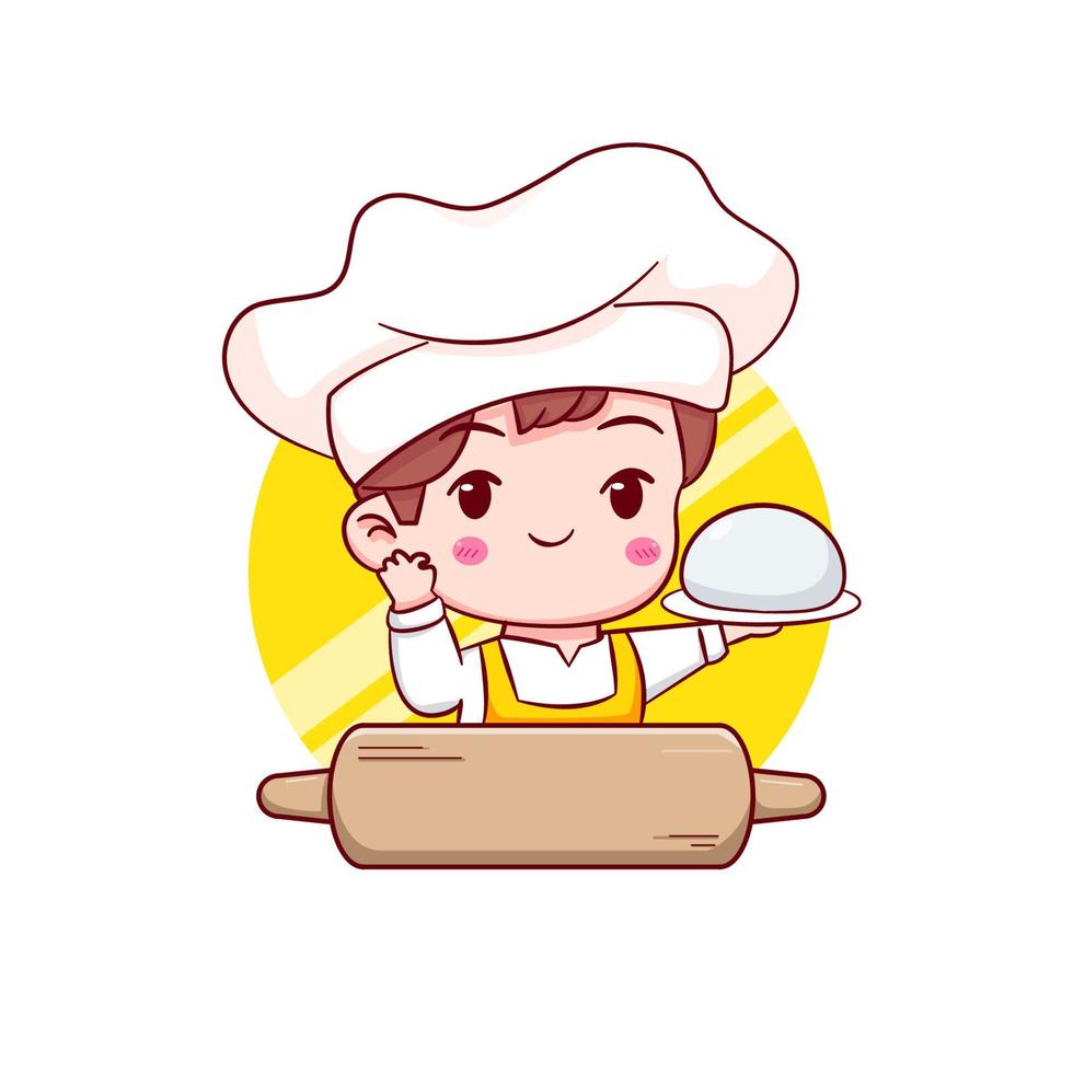 simpatico personaggio logo cartone animato dello chef. fondo isolato carattere chibi disegnato a mano. vettore