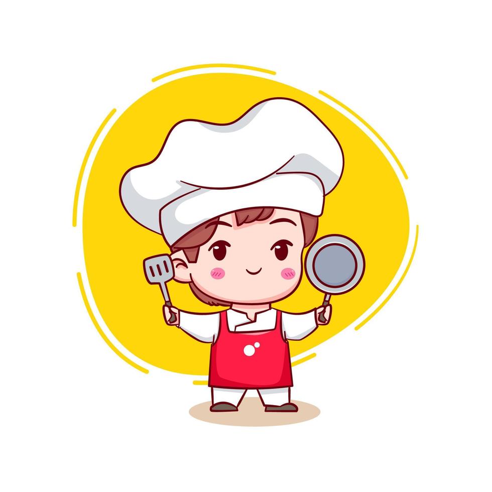 simpatico personaggio logo cartone animato dello chef. fondo isolato carattere chibi disegnato a mano. vettore