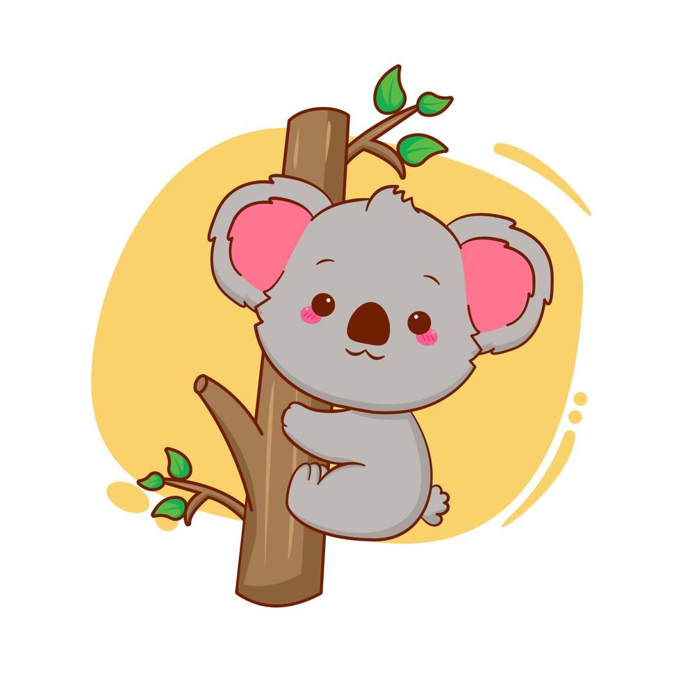 simpatico koala orso koala che si arrampica sugli alberi. illustrazione della mascotte del fumetto vettore