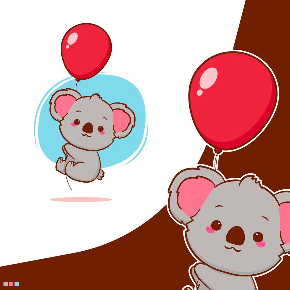 simpatico koala che galleggia con il palloncino. illustrazione della mascotte del fumetto vettore