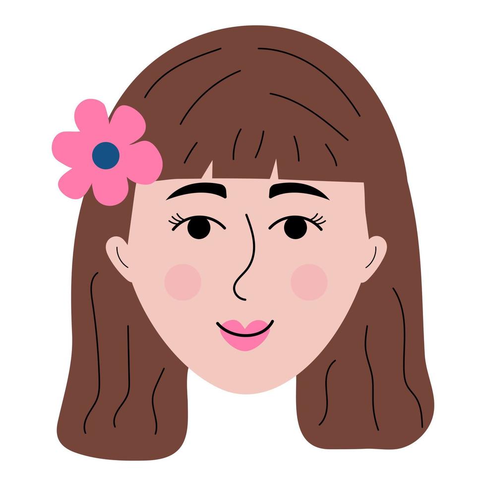 viso di donna con fiore tra i capelli in stile doodle. avatar colorato di ragazza sorridente. vettore