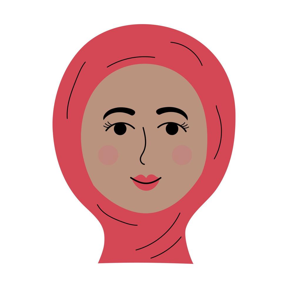 viso di ragazza orientale in un hijab in stile doodle. avatar colorato di donna sorridente. vettore