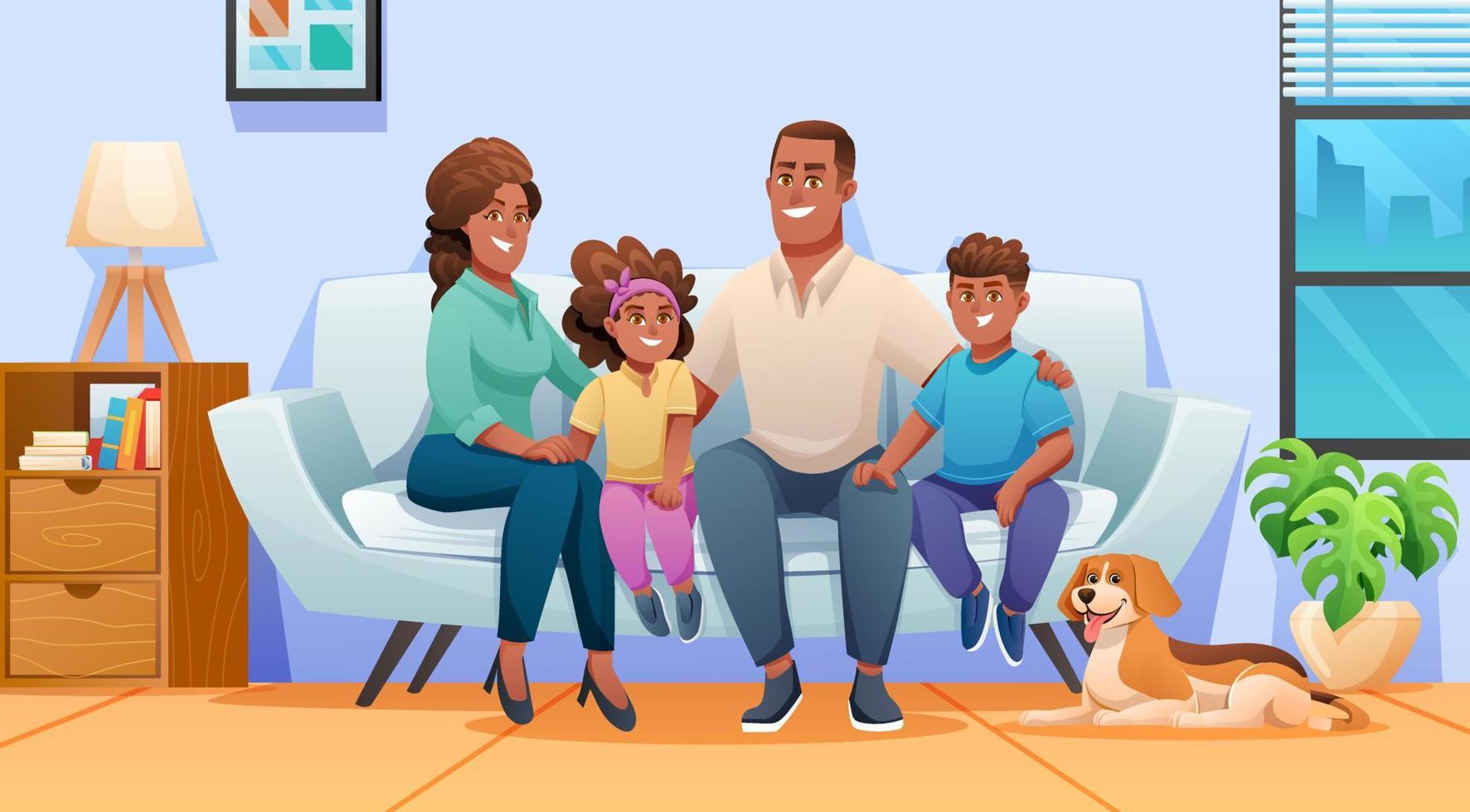 famiglia felice seduta sul divano insieme a casa con padre, madre, figli e un animale domestico. illustrazione di famiglia in stile cartone animato vettore