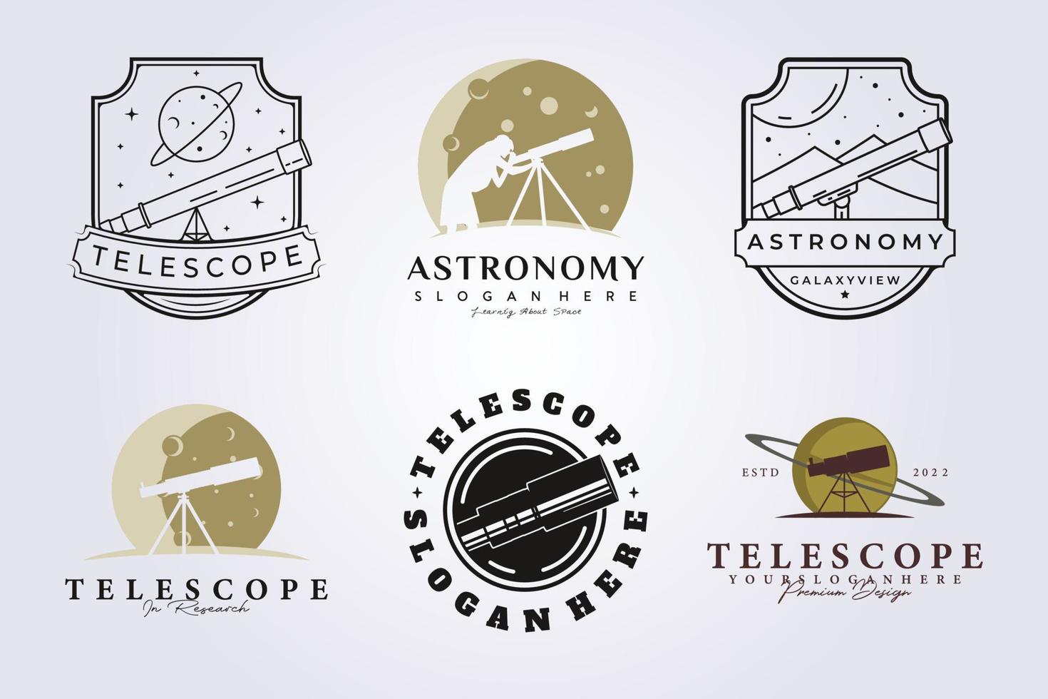 set di telescopio e fascio di astronomia logo telescopio illustrazione vettoriale modello grafico design