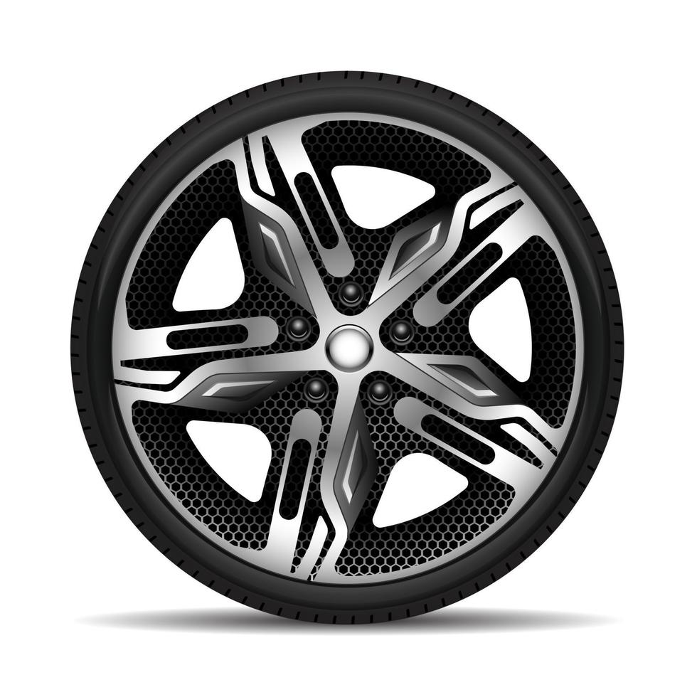 ruota in alluminio auto nero maglia esagonale modello texture pneumatico per corse sportive moderne su sfondo bianco vettore