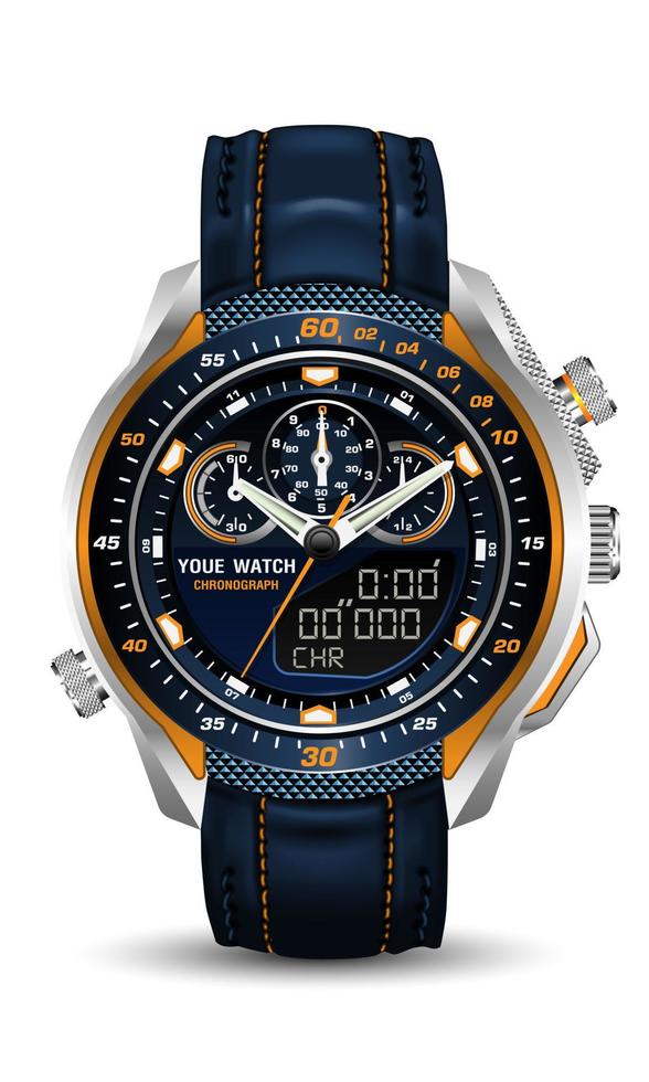 orologio realistico blu arancione orologio cinturino in pelle nera argento su design grigio classico vettore di lusso