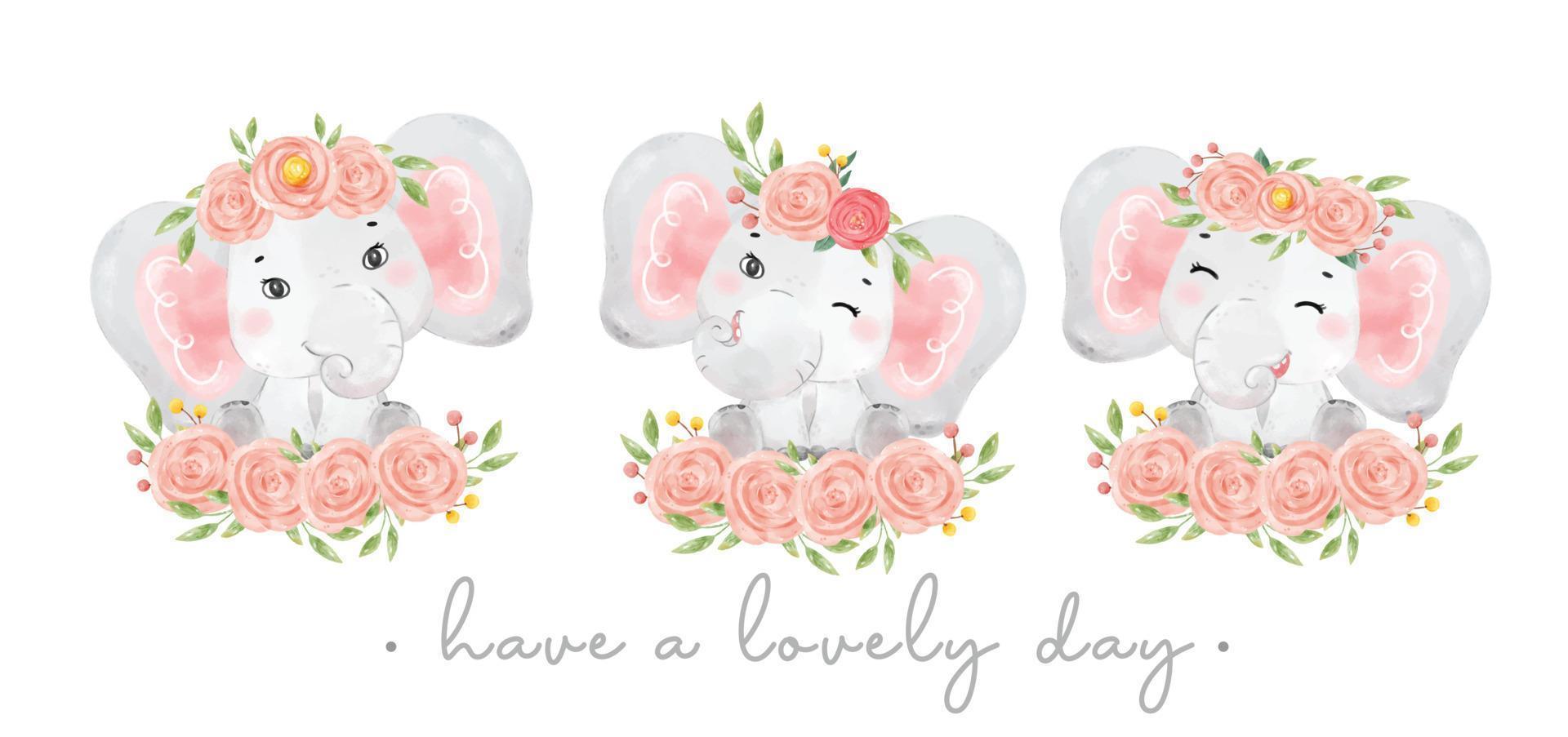 gruppo di tre carino dolce elefantino rosa ragazza adorabile sorriso seduto su mazzi di fiori, acquerello animale vivaio cartone animato han disegnato illustrazione vettore