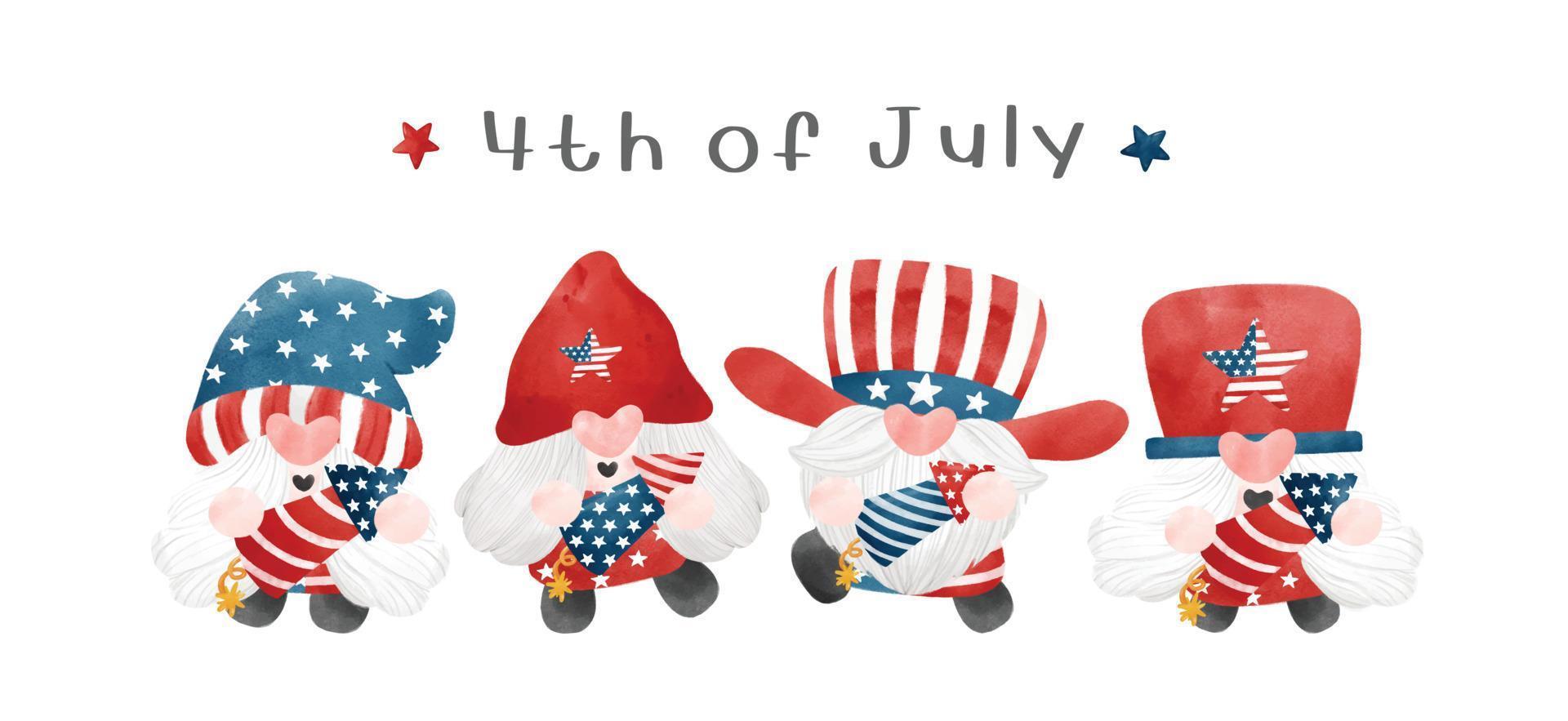 quattro del 4 luglio gnomo patriottico che tiene fuochi d'artificio america festa dell'indipendenza cartone animato acquerello illustrazione vettore