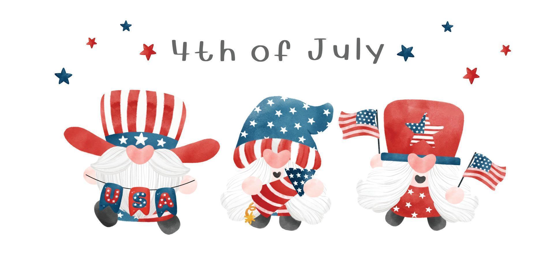 gruppo di tre quattro del 4 luglio gnome patriottico america festa dell'indipendenza cartone animato acquerello illustrazione vettore