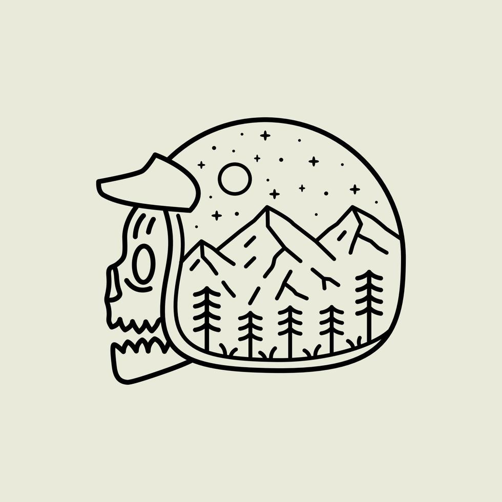 design della testa del teschio che indossa il casco con il design delle montagne della natura in mono line art, design del badge patch, design dell'emblema, design della t-shirt vettore
