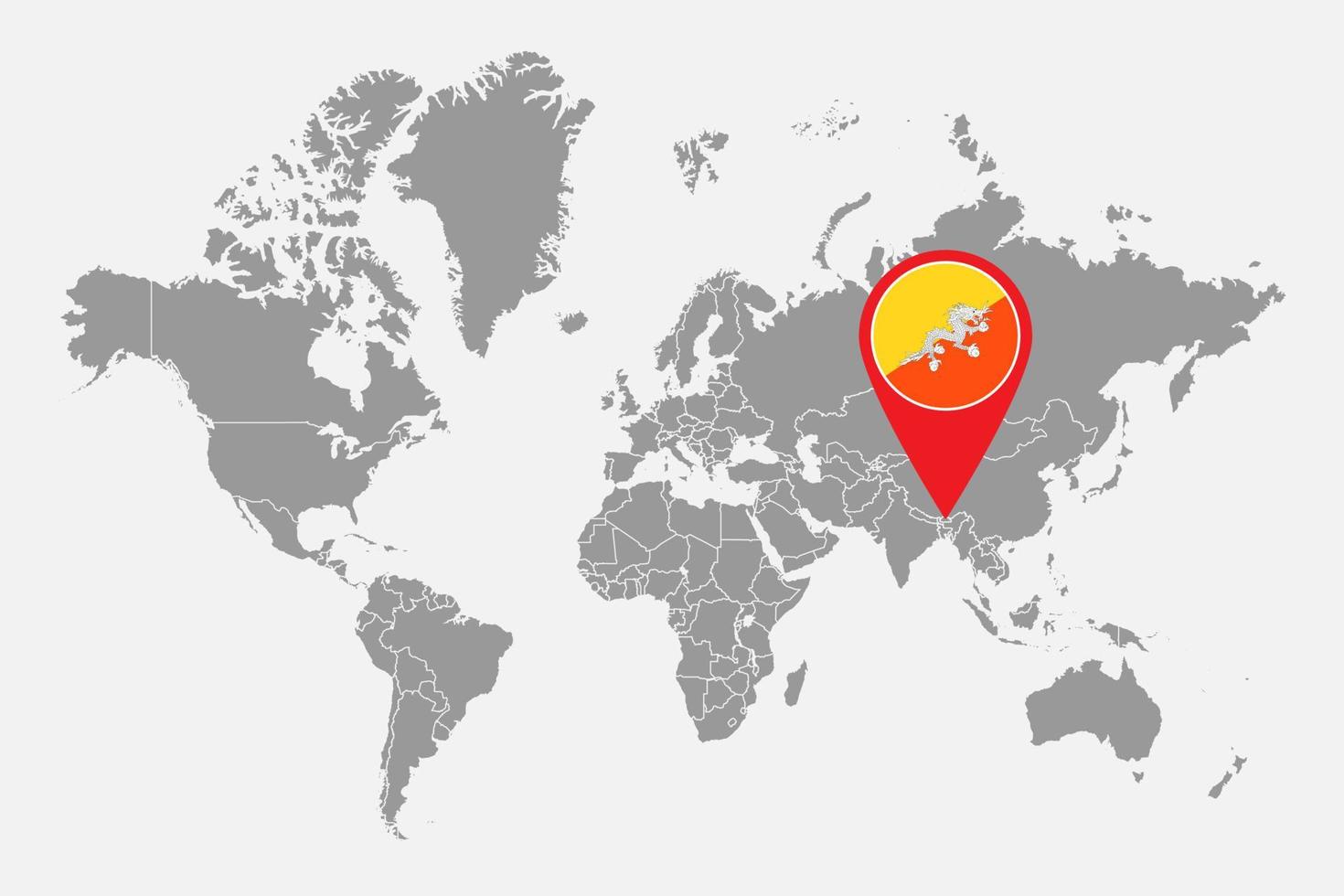 mappa pin con bandiera bhutan sulla mappa del mondo. illustrazione vettoriale. vettore