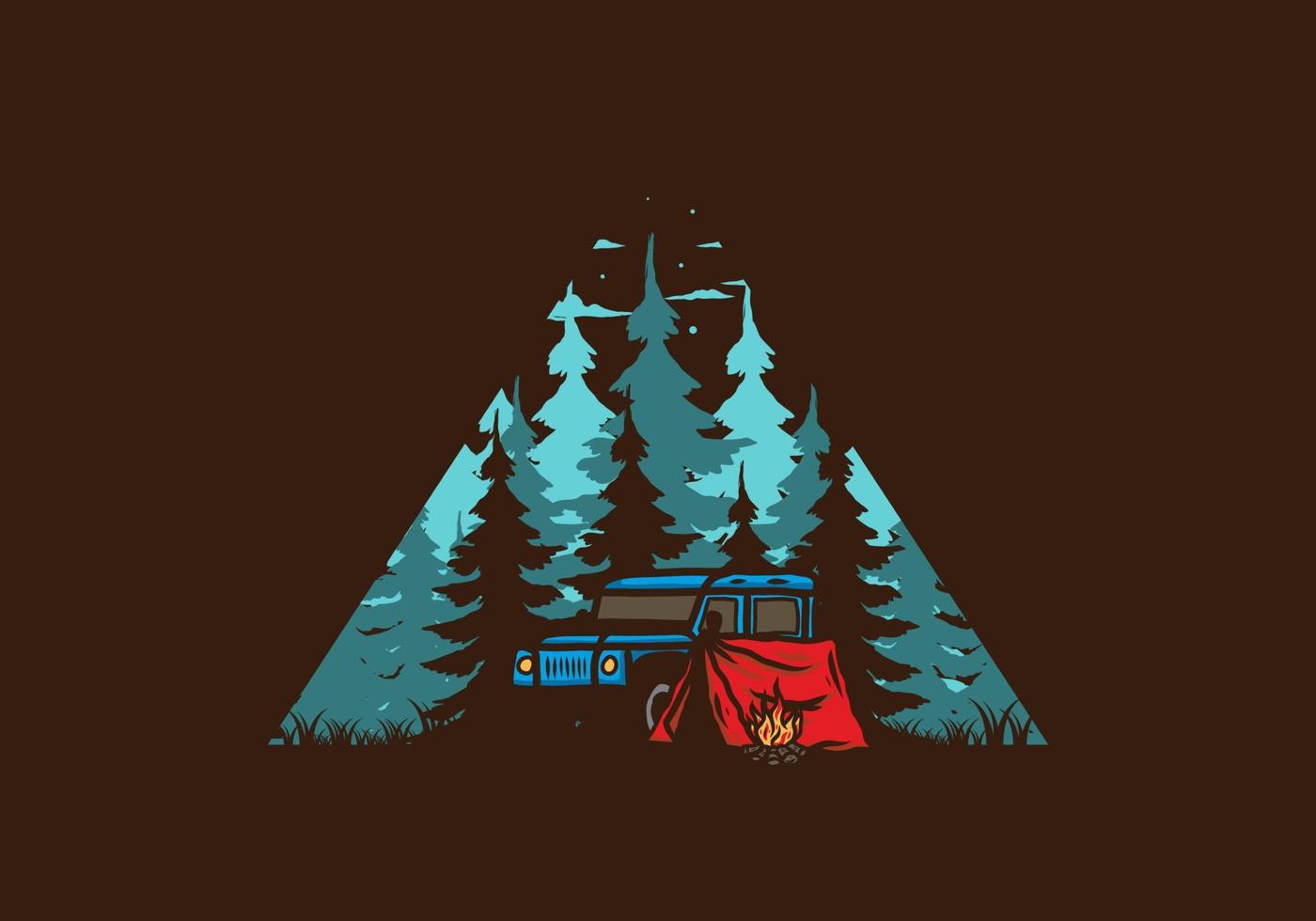 campeggio accanto all'auto nell'illustrazione della foresta vettore