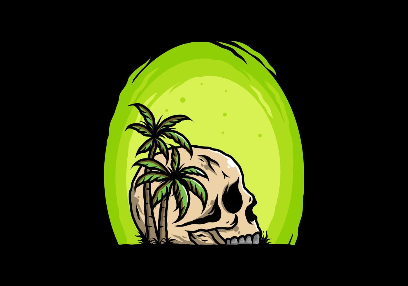 testa del cranio sotto l'illustrazione degli alberi di cocco vettore