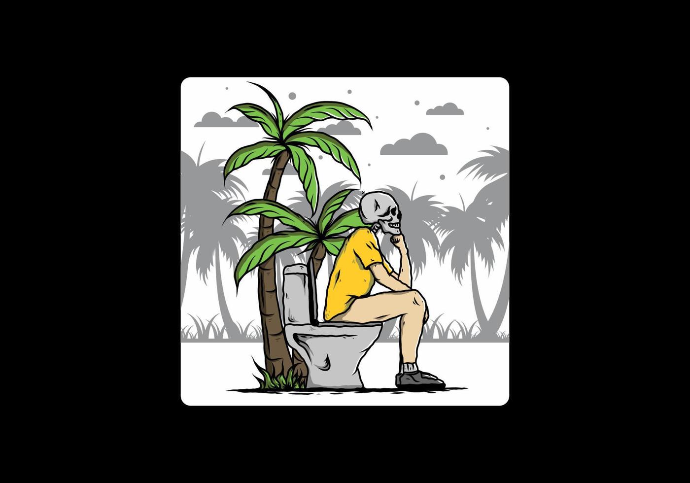 l'uomo scheletro si siede sull'illustrazione della toilette all'aperto vettore