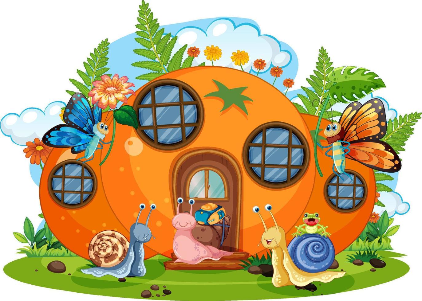 fantasia casa arancione con farfalla e lumache vettore