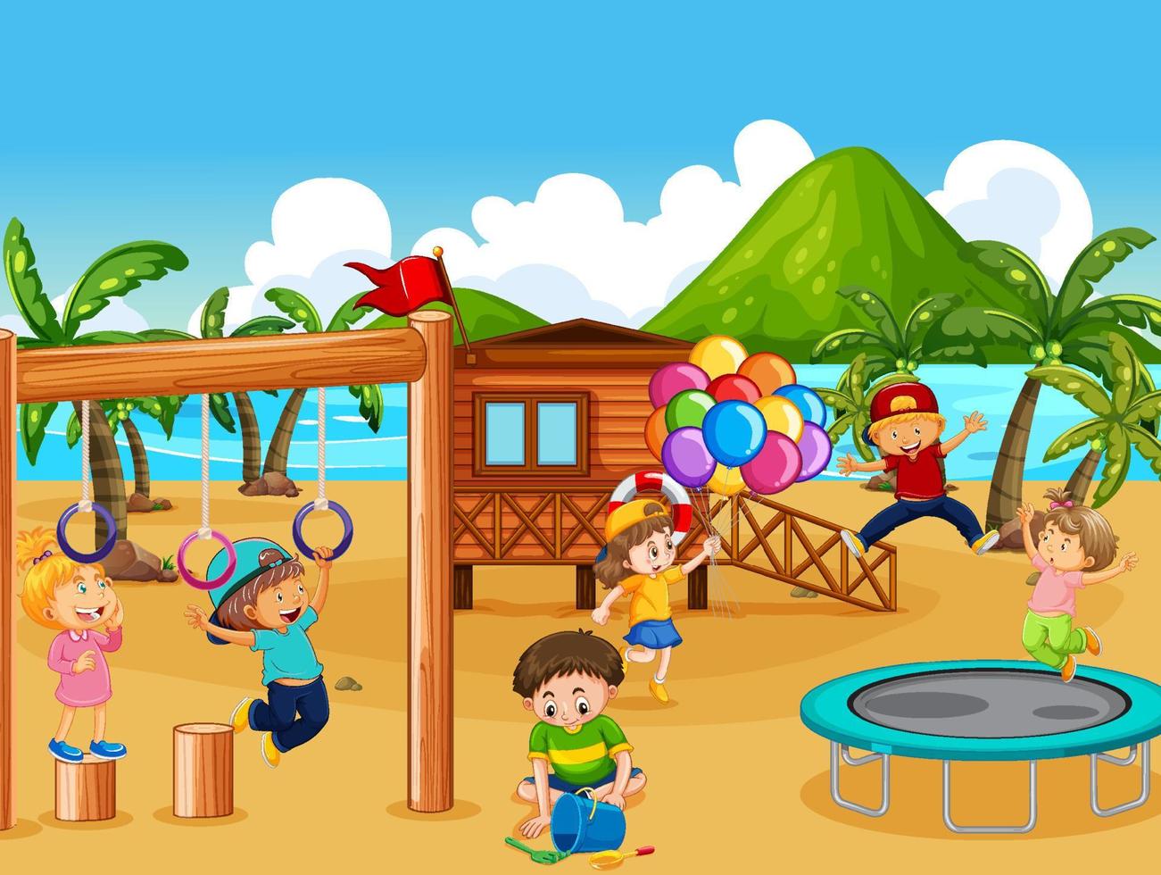 parco giochi sulla spiaggia con bambini felici vettore