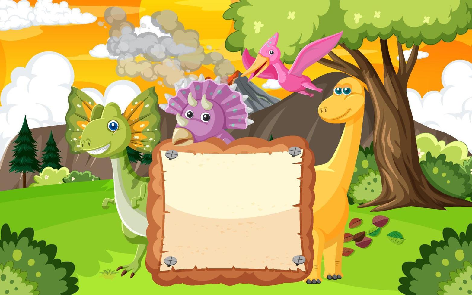 scheda vuota con simpatici personaggi dei cartoni animati di dinosauri vettore