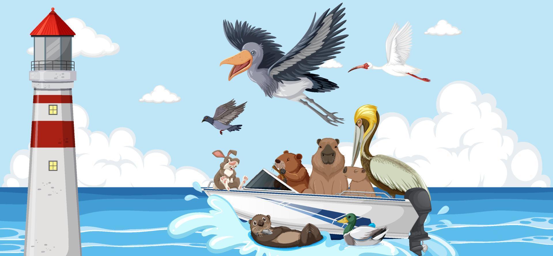 animali selvatici su una barca vettore