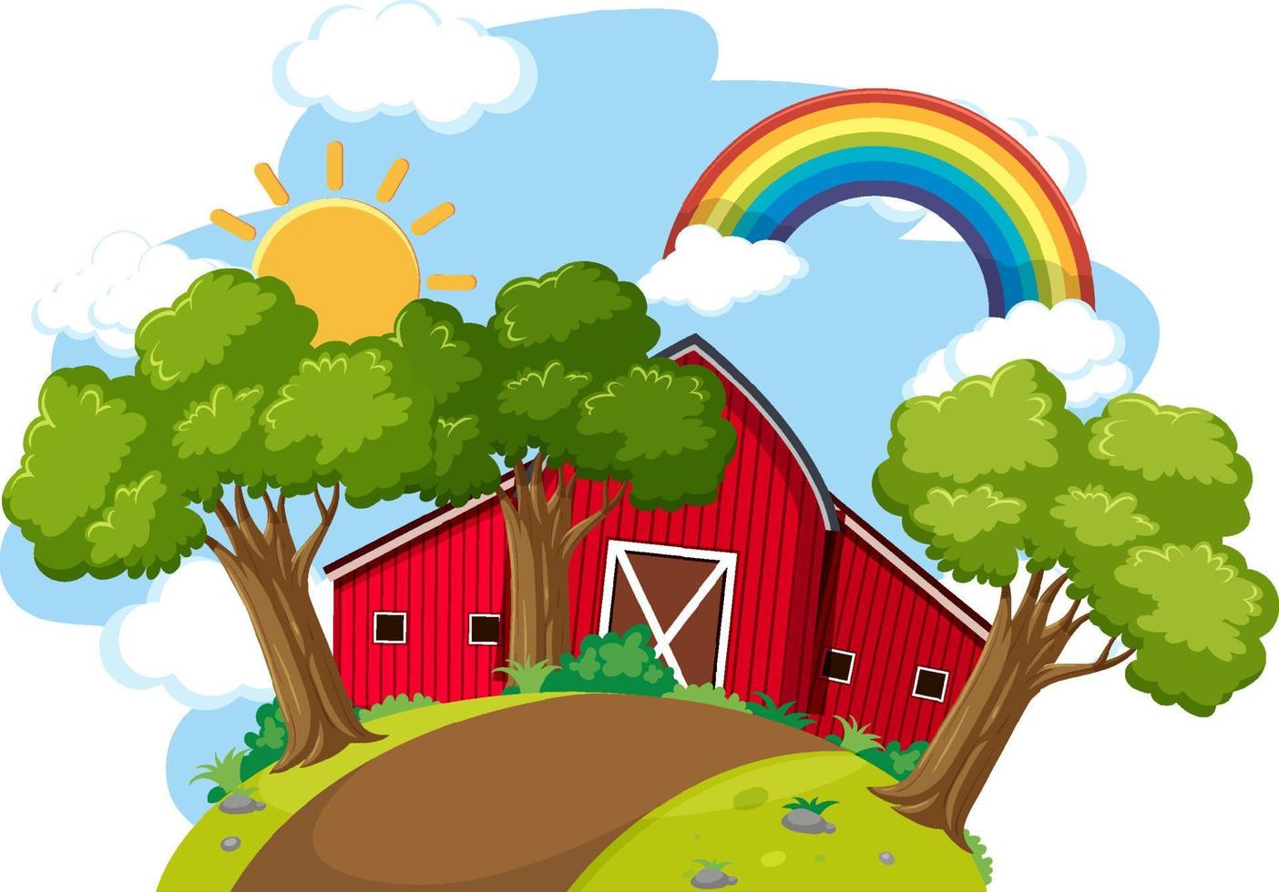 fienile agricolo con albero e arcobaleno vettore